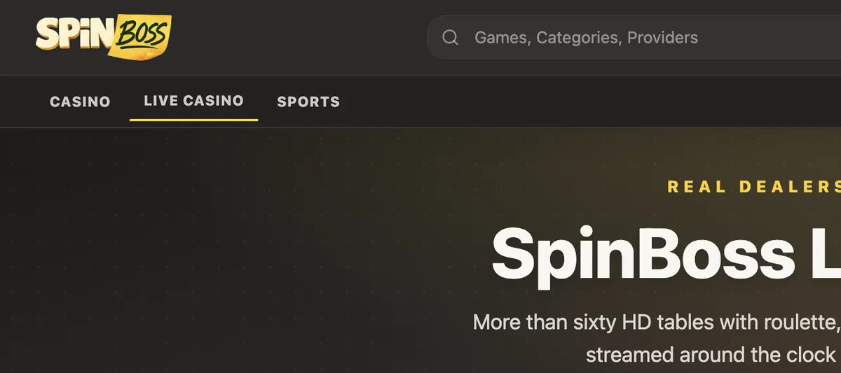 Страница на казиното во живо на SpinBoss (англиски интерфејс), снимена на spinboss.live, 7 септември 2026